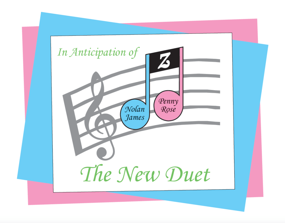 Twins Baby Shower music theme invitation outside