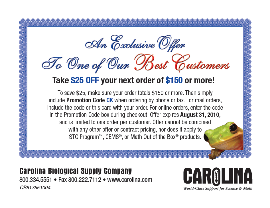 Gift Certificate to be inserted in the Thank You card for Carolina Biological Supply Company