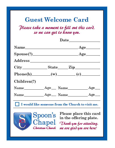 Visitors card for Spoons Chapel Christian Church