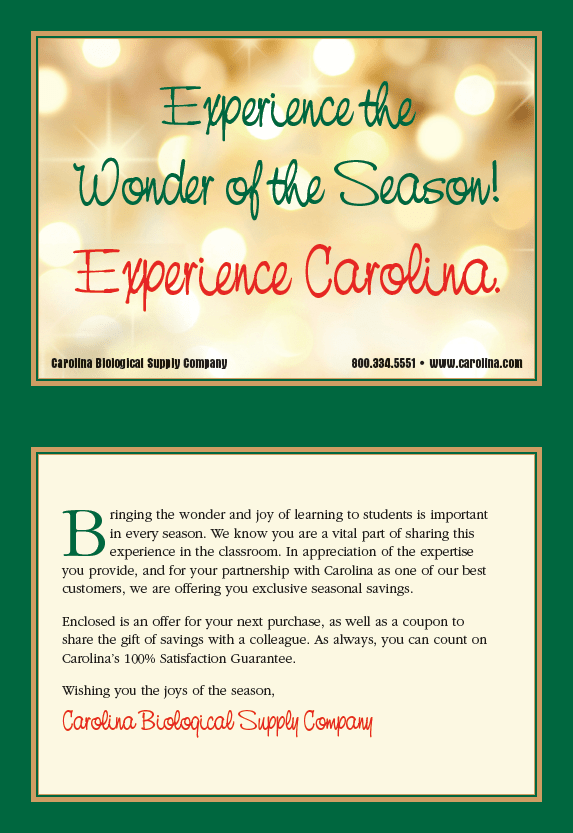 Inside print of the end of the year holiday greeting card for Carolina Biological Supply Company