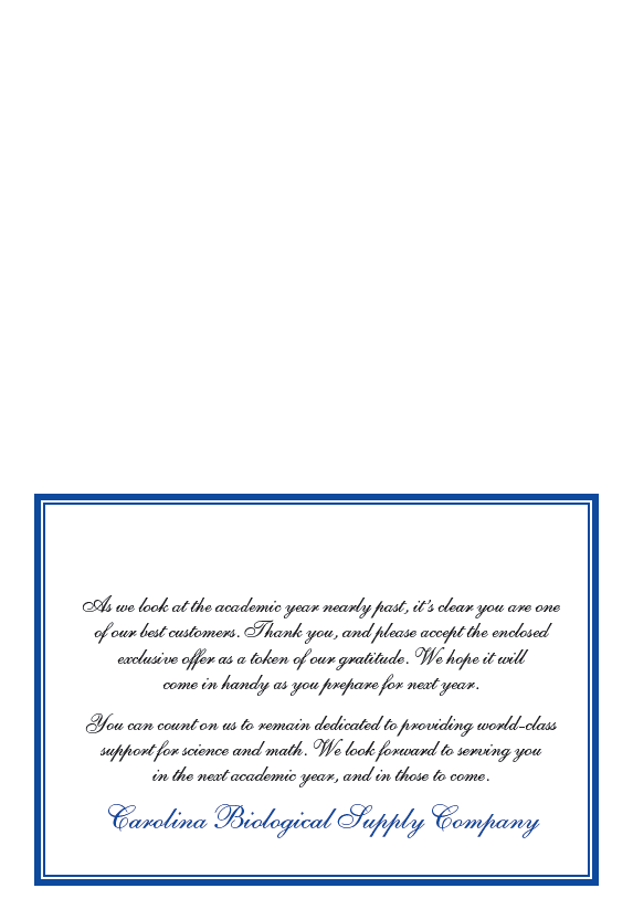 Inside print view of a Thank you card to be folded for Carolina Biological Supply Company
