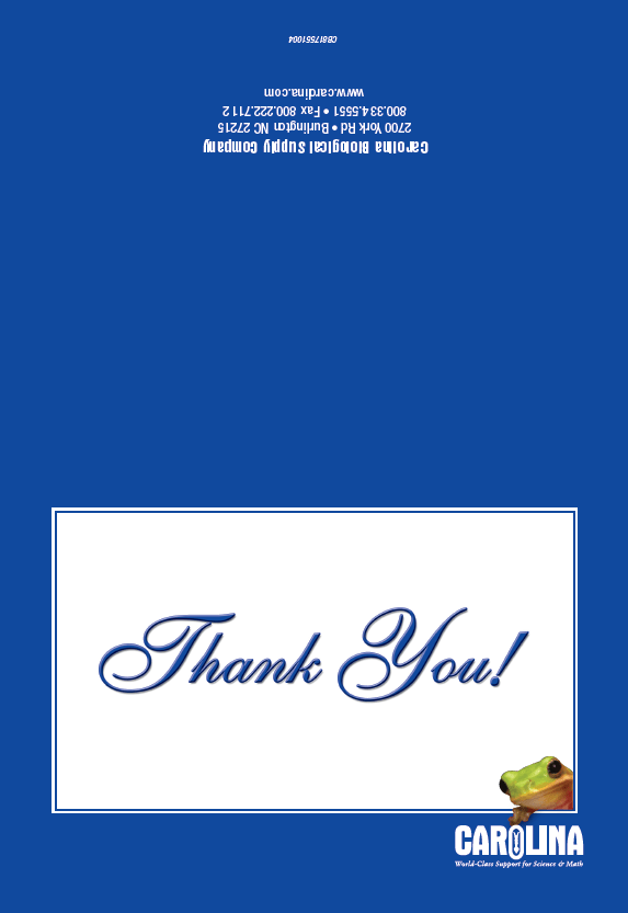Outside print view of a Thank you card to be folded for Carolina Biological Supply Company