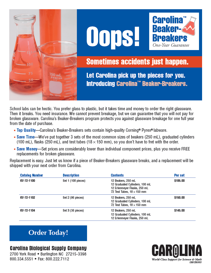 2007 Ad for Carolina Beaker-Breakers Glassware made with Corning Pyrex glass.