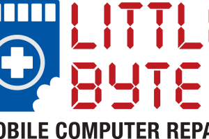 SD card with a bite out of the corner and a cross with a circle around it, and the words Little Byte on the side with the words Mobile Computer Repair underneath