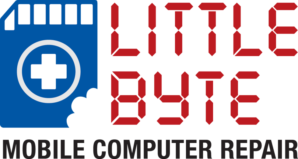 SD card with a bite out of the corner and a cross with a circle around it, and the words Little Byte on the side with the words Mobile Computer Repair underneath