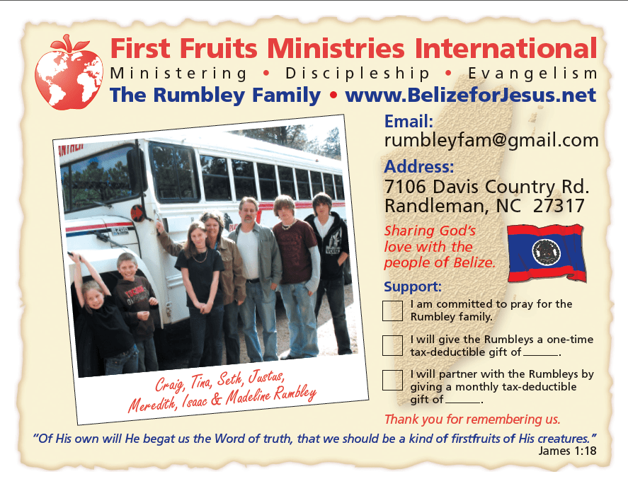 Card with map of Belize on torn edge paper image with photo of the Rumbley family for First Fruits Ministries International